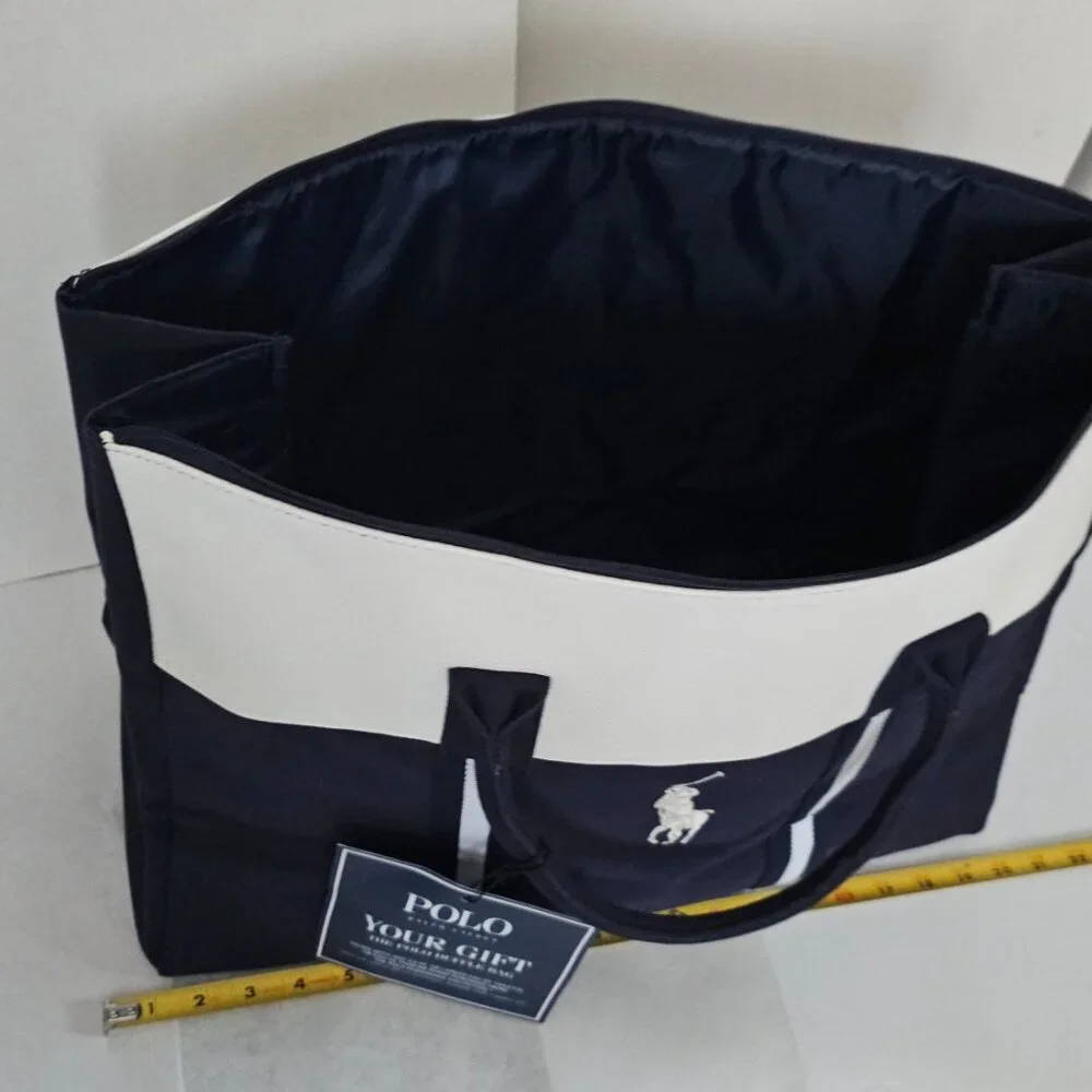 Polo Ralph Lauren Navy Canvas & Leather Trim Large Tote Travel Carryall bag - Picture 4 of 17